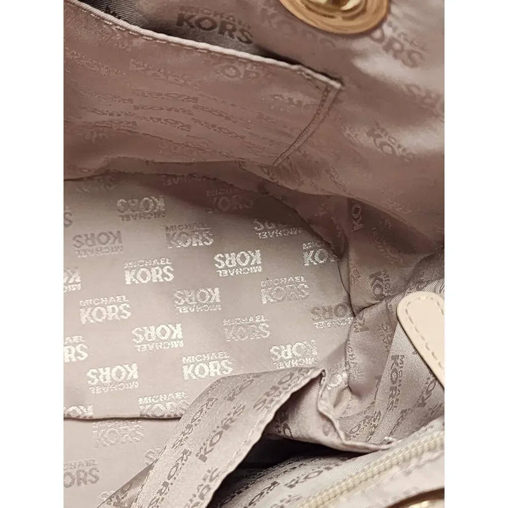 Michael Kors Burgundy Tote Shoulder Bag Gold Hardware Logo Charm Beige Straps
